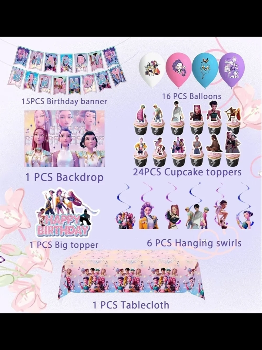 K-Pop Ddmon Hunter Happy Birthday Party Decoration Kit - Pink Character Theme